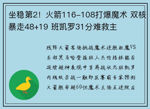 坐稳第2！火箭116-108打爆魔术 双核暴走48+19 班凯罗31分难救主